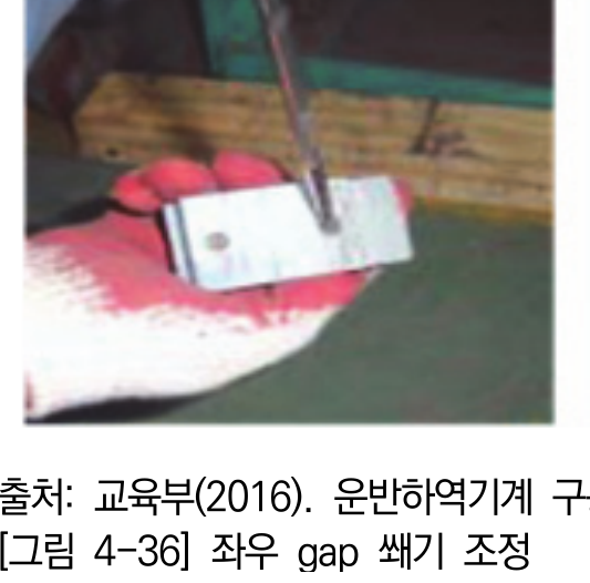 브레이크 좌우 간극 조정용 쐐기를 안내면에 삽입하는 장면