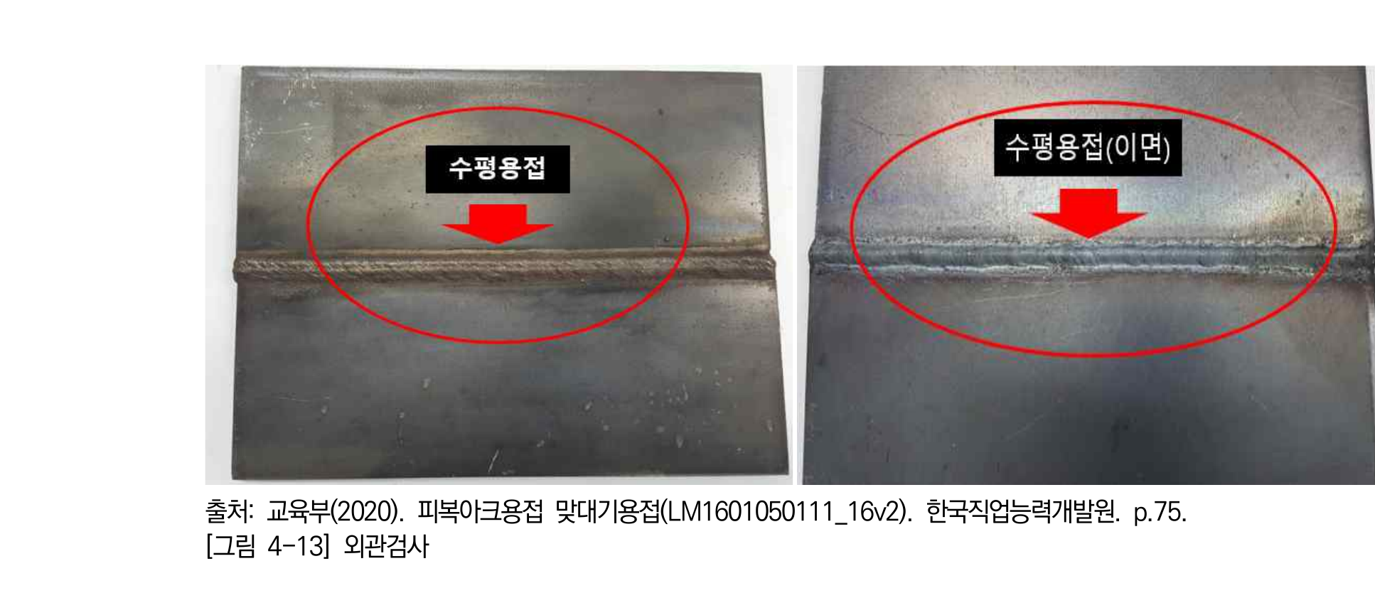 수평 자세의 다층 비드와 완성된 표면비드를 확인하는 장면