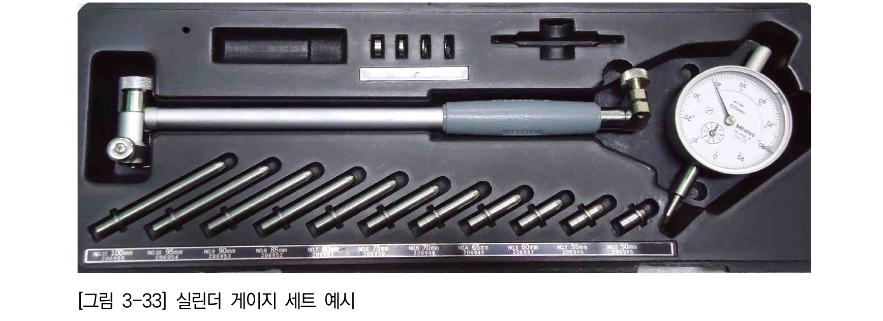실린더 게이지 본체와 측정범위별 교환로드가 배열된 세트