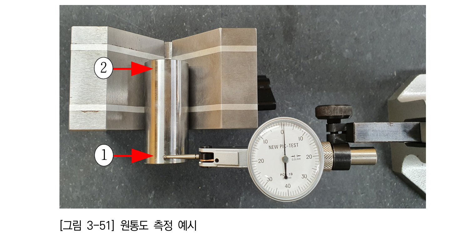 V블록과 다이얼 테스트 인디케이터로 원통의 축방향 위치별 최대·최소값을 측정하는 방법