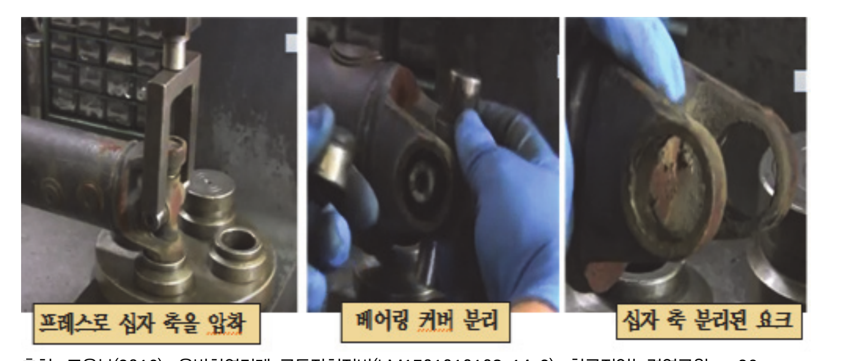 프레스로 베어링을 밀어내고 십자축을 요크에서 분리하는 장면